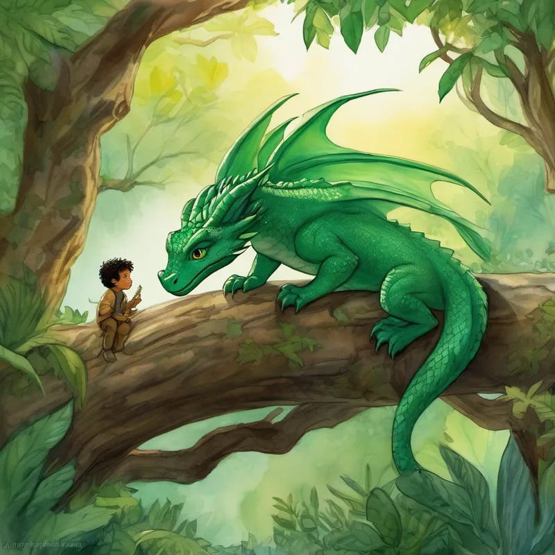 Feeling a connection with the lonely creature, Alex slowly approached, extending his hand. The baby dragon sniffed his palm and, to Alex's delight, nuzzled his hand affectionately. Right then and there, a bond formed between them, and they became the most unlikely of friends. Alex named his newfound friend Draco, and together they embarked on a magnificent adventure through the lush, green jungle. They swung on vines, jumped over fallen logs, and climbed up tall trees filled with colorful birds. Draco flew overhead, his emerald scales shimmering under the golden rays of the sun, while Alex explored below.
