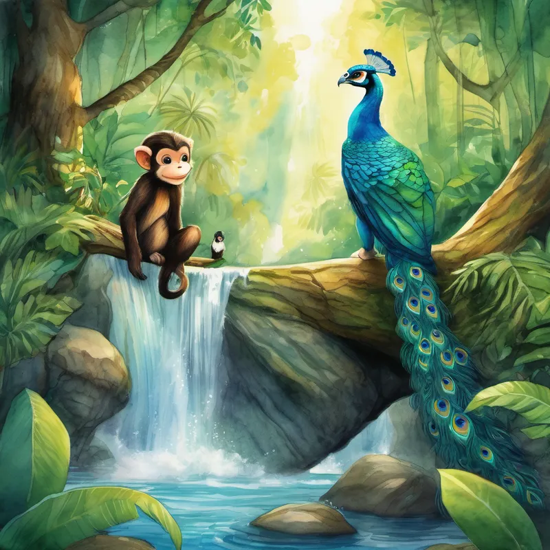 As they journeyed deeper into the jungle, they encountered other animals. A mischievous monkey with a twinkle in his eye joined them, and together they played hide-and-seek among the towering trees. A graceful peacock revealed to them secret paths that only the jungle animals knew. A wise old turtle helped guide Draco and Alex across the treacherous river, teaching them about the importance of patience and resilience. One day, as they ventured even deeper, they stumbled upon a hidden waterfall that possessed magical powers. The sparkling water had the ability to grant wishes to those with pure hearts. Excited by the discovery, Alex and Draco made a heartfelt wish for peace and harmony in their world.