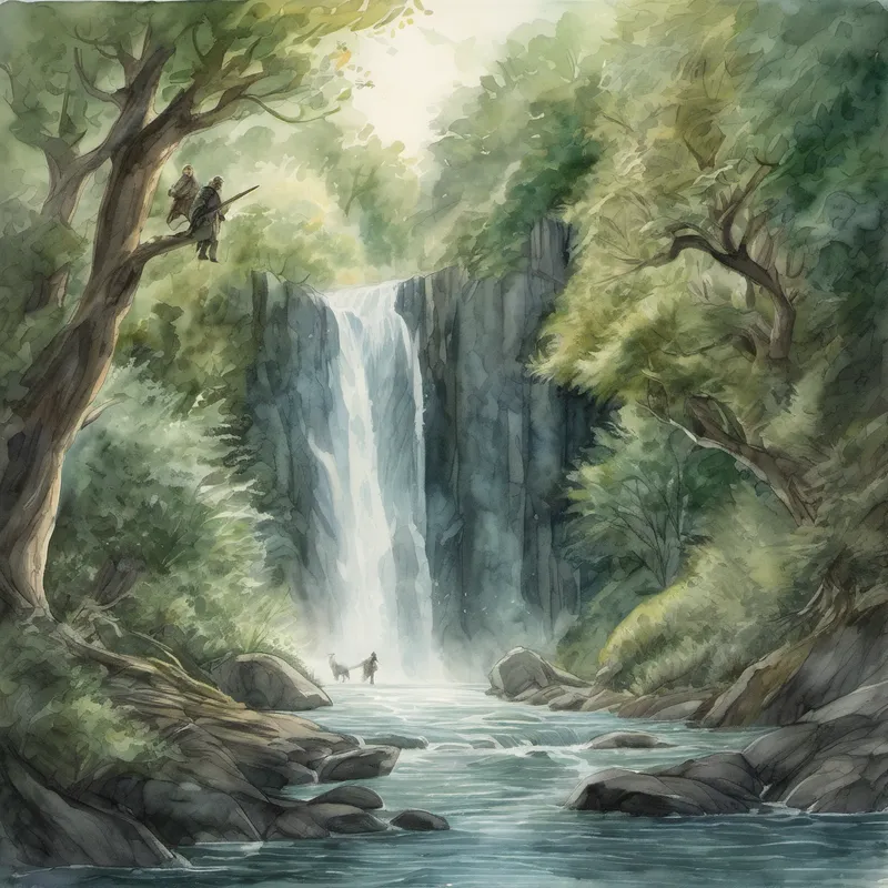 Suddenly, they heard a loud rustling from nearby. They peered through the thick foliage and saw a group of hunters approaching, their eyes filled with greed. Anxious and determined to protect their newfound haven, Alex and Draco called upon the magic of the waterfall. The sky darkened, and thunder rumbled ominously as the water spirit appeared, majestic and powerful. It wrapped Alex and Draco in shimmering, protective light, making them invisible to the hunters. The hunters passed right by them, clueless to the boy and dragon hidden before their eyes.