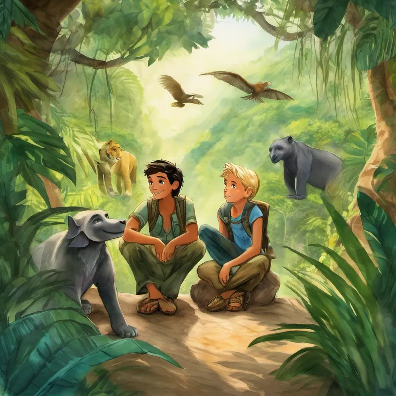 Relieved and grateful, Alex and Draco knew they couldn't keep the jungle's magic a secret. They needed to protect it from those who would harm the animals and plants. Together, they promised to return to the village and share their story, inspiring others to cherish and protect the wonders of nature. With hearts full of bravery and love, Alex and Draco bid farewell to the enchanted jungle, their memories forever etched in their minds. They returned to the village, where they shared their incredible adventures and spread the message of preserving the beauty around us.