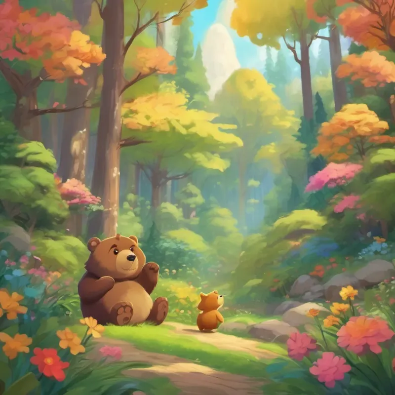 A vibrant forest with colorful flowers and trees, a cute A cute and slightly chubby bear with a friendly face and honey on his paws looking excited.