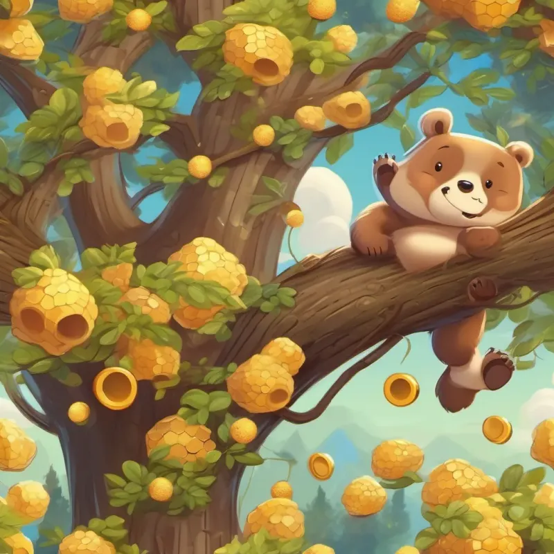 A A cute and slightly chubby bear with a friendly face and honey on his paws climbing up a tall tree with a happy expression, reaching for a honeycomb.