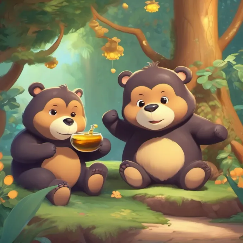 The A cute and slightly chubby bear with a friendly face and honey on his paws and A cheeky, playful monkey with a long tail and a mischievous grin sharing honey, sitting happily together.