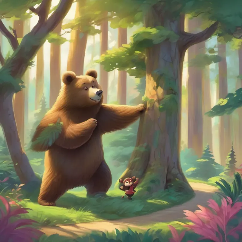 Bear and A cheeky, playful monkey with a long tail and a mischievous grin walking away from the tree arm-in-arm, forest looking lively.