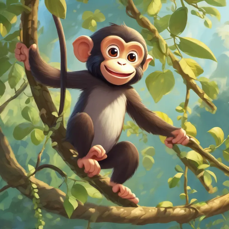 A cheerful A cheeky, playful monkey with a long tail and a mischievous grin swinging on a vine, looking surprised and playful.