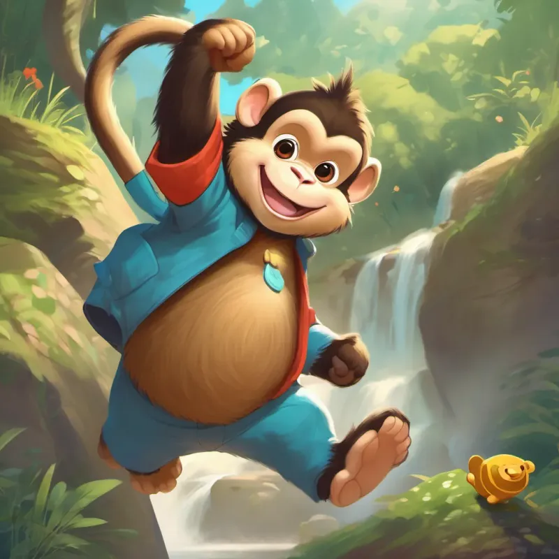 A A cheeky, playful monkey with a long tail and a mischievous grin with a mischievous expression, pointing to the A cute and slightly chubby bear with a friendly face and honey on his paws.
