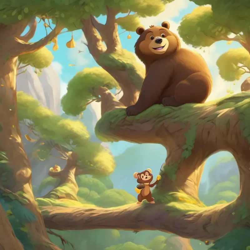 The A cute and slightly chubby bear with a friendly face and honey on his paws sliding down the tree, and the A cheeky, playful monkey with a long tail and a mischievous grin starting to climb.