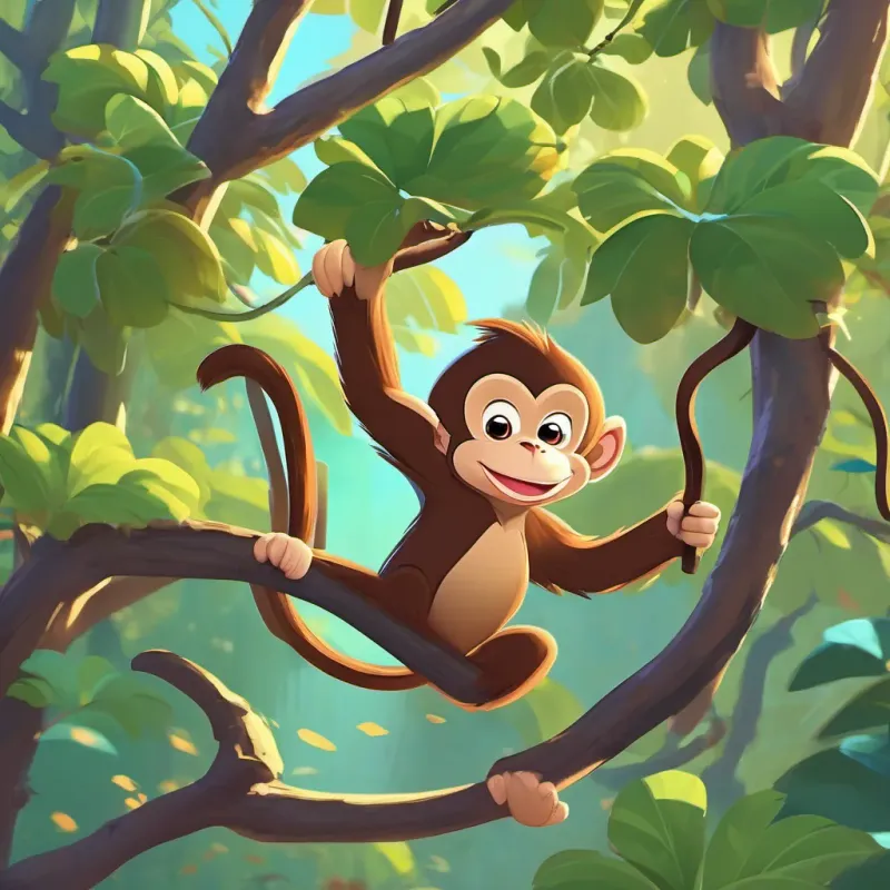 The A cheeky, playful monkey with a long tail and a mischievous grin climbing the tree with dynamic poses, showing off his skills.