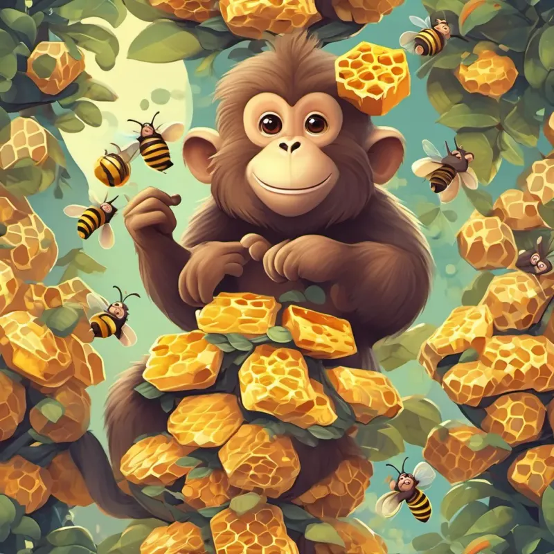 The A cheeky, playful monkey with a long tail and a mischievous grin at the top holding honeycomb, with bees starting to swarm him.
