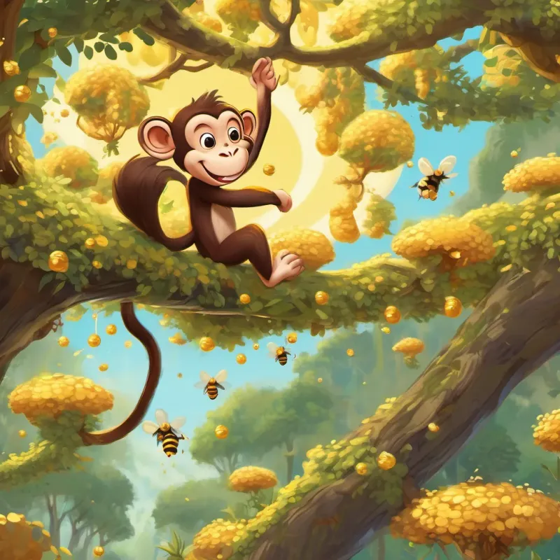 The A cheeky, playful monkey with a long tail and a mischievous grin getting chased by bees, jumping down the tree with honey dripping from his hands.