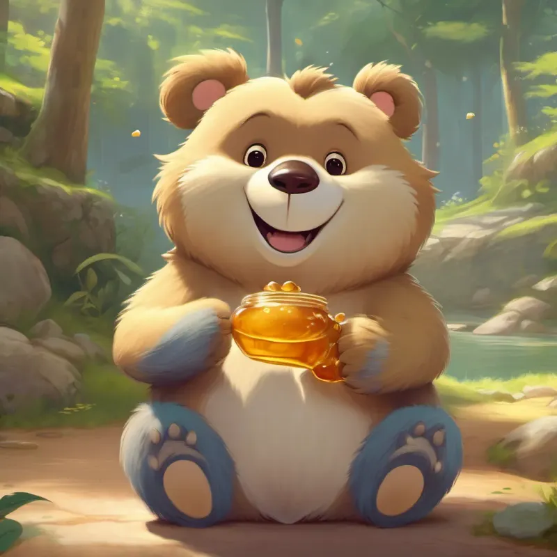 The A cute and slightly chubby bear with a friendly face and honey on his paws patting the honey-covered A cheeky, playful monkey with a long tail and a mischievous grin, both smiling.