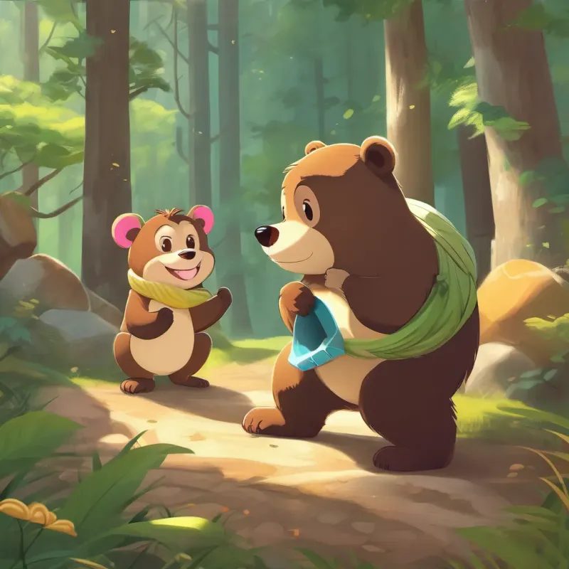 The A cute and slightly chubby bear with a friendly face and honey on his paws and A cheeky, playful monkey with a long tail and a mischievous grin laughing together, sun shining above them, forest in the background.
