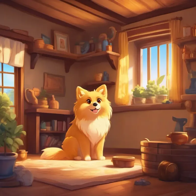 Introduction, Fluffy golden fur, big brown eyes, and a waggy tail in his house, setting the scene.
