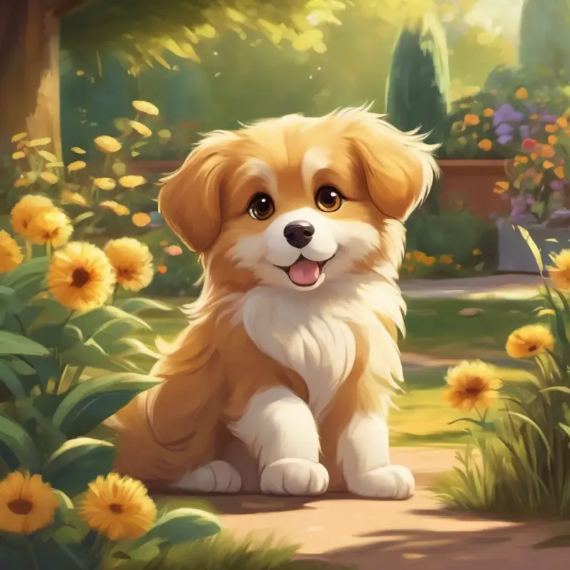 Fluffy golden fur, big brown eyes, and a waggy tail's playful activities in the garden.