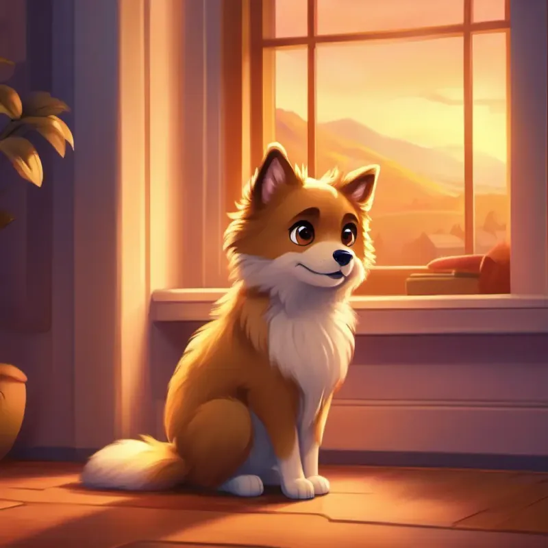 Fluffy golden fur, big brown eyes, and a waggy tail's owners calling him inside the house at dusk.