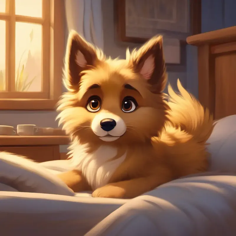 Fluffy golden fur, big brown eyes, and a waggy tail getting ready for bed, wanting an adventure.