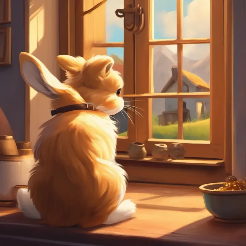 Fluffy golden fur, big brown eyes, and a waggy tail at the window, meeting the friendly rabbit.