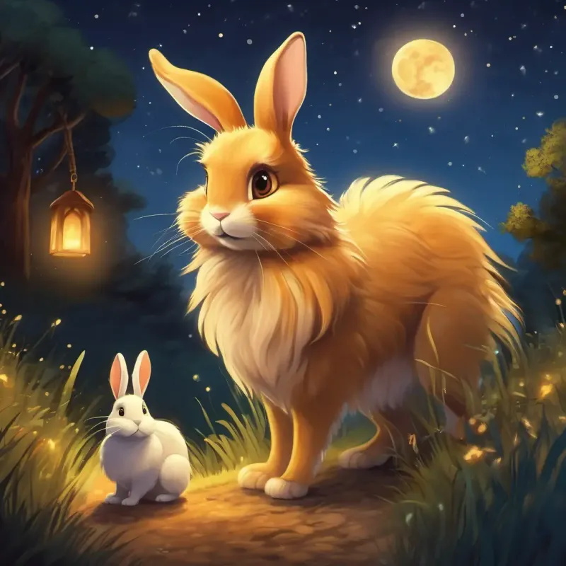 Fluffy golden fur, big brown eyes, and a waggy tail and the rabbit on their adventure under the stars, having fun.