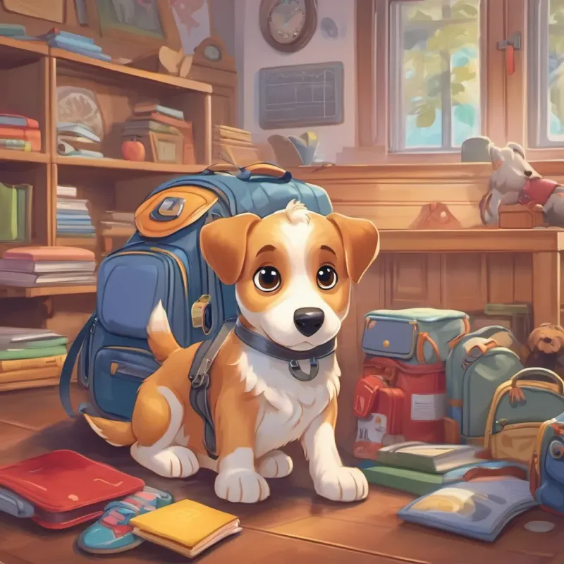 A lively puppy with a shiny coat and big eyes, excitedly looking at a school backpack.