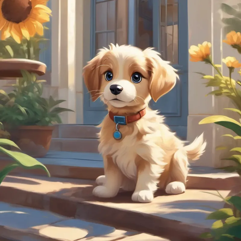 A sunny morning scene with A lively puppy with a shiny coat and big eyes, always full of excitement and curiosity the puppy, tail wagging enthusiastically.