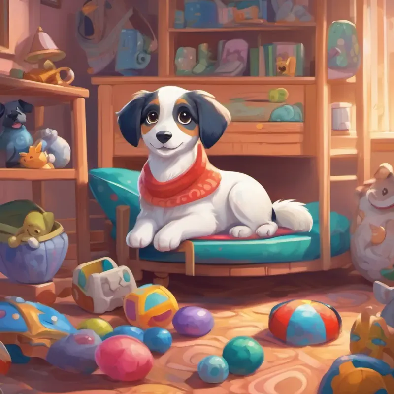A lively puppy with a shiny coat and big eyes, always full of excitement and curiosity the puppy cozy in her bed, dreaming with a smile, surrounded by toys.