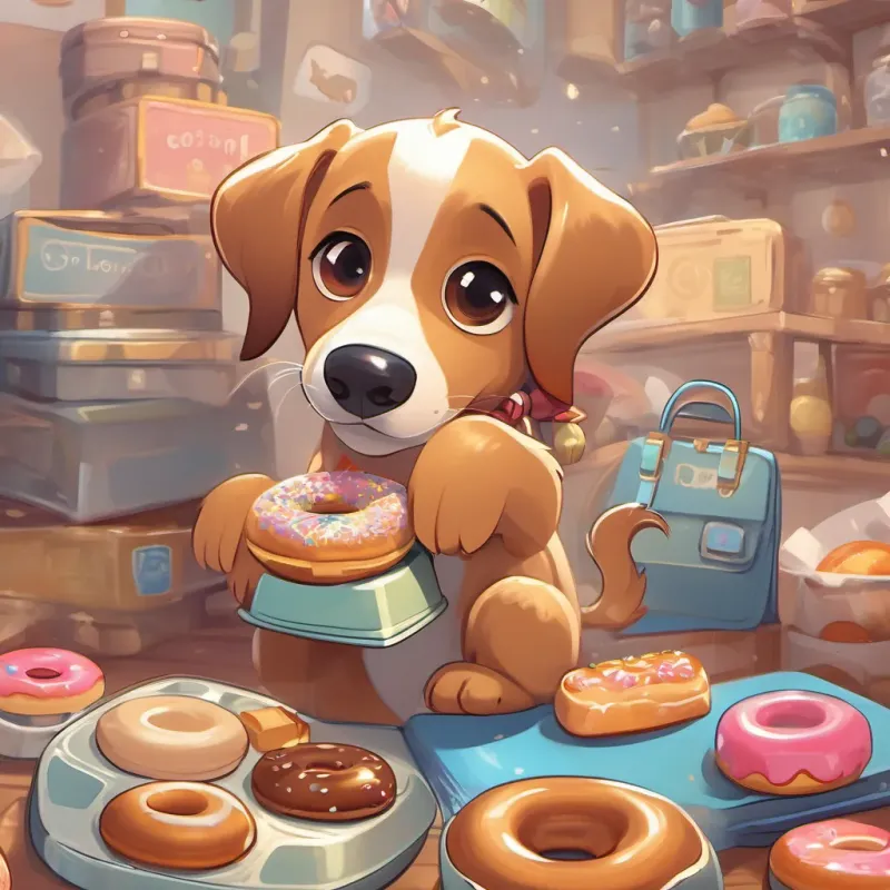A lively puppy with a shiny coat and big eyes, always full of excitement and curiosity the puppy holding a lunchbox with cartoonish illustrations of a bone sandwich and a doggy donut.
