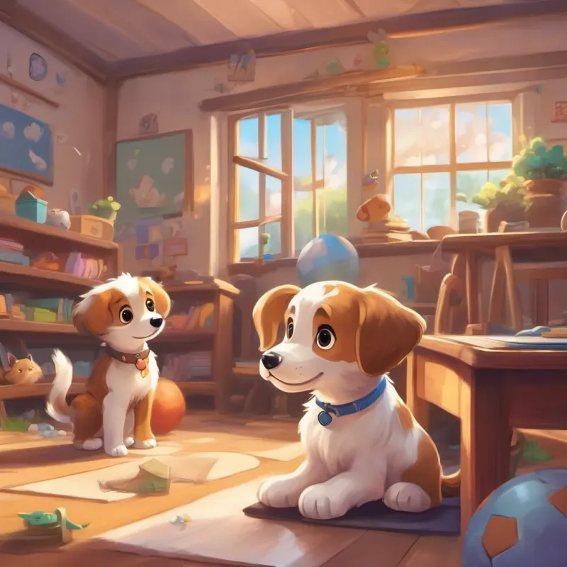 A lively puppy with a shiny coat and big eyes, always full of excitement and curiosity the puppy and a tabby cat with a bushy tail, playfully interacting in their classroom.