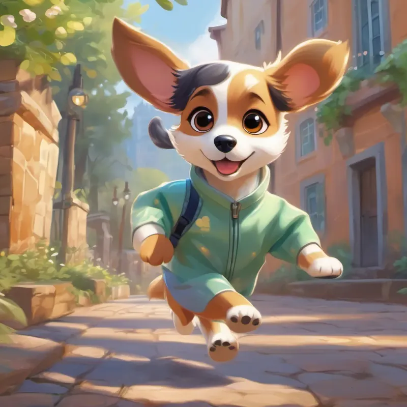 A lively puppy with a shiny coat and big eyes, always full of excitement and curiosity and her friends playing outside, running energetically and enjoying recess.