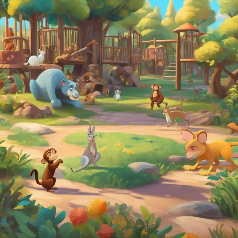 A colorful playground with various animals playing, including a monkey and a kangaroo.
