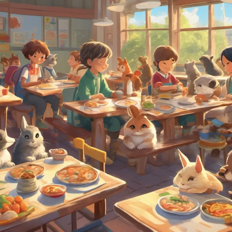 A group of animal friends enjoying lunchtime together at a school cafeteria table.