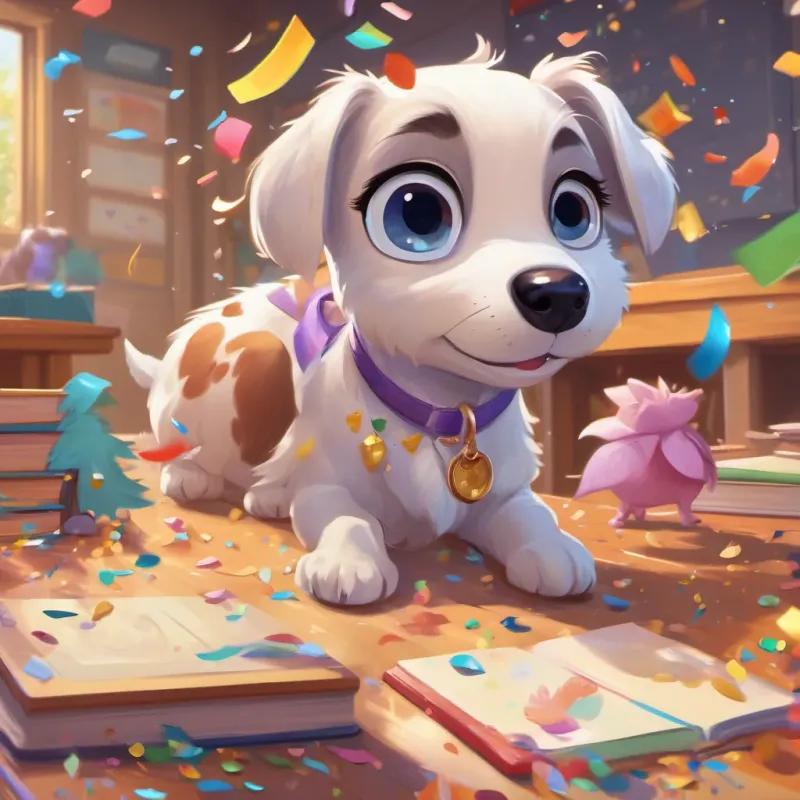 A lively puppy with a shiny coat and big eyes, always full of excitement and curiosity and her friends in the classroom, with confetti falling and a prize on the teacher's desk.