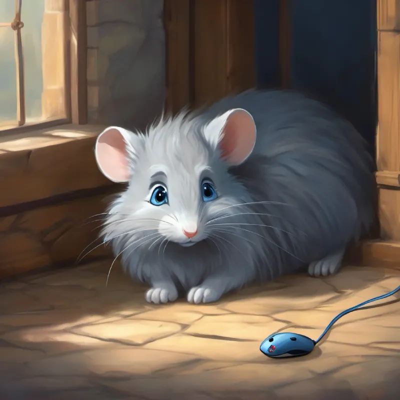 Grey fur, blue eyes, tiny and brave encounters New mouse, scared, grateful for Misty's help, who is trapped and frightened.