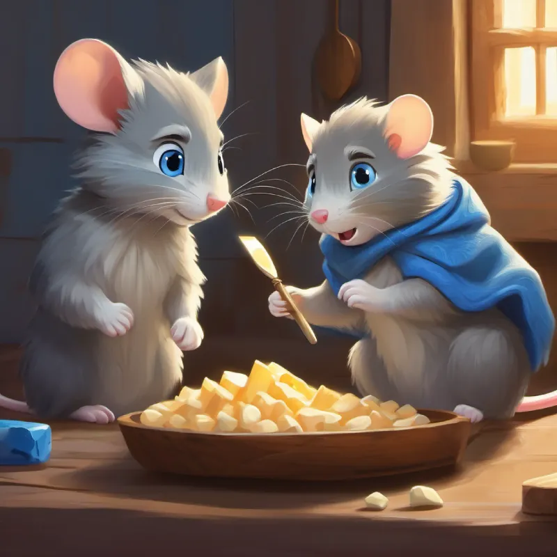 Grey fur, blue eyes, tiny and brave and New mouse, scared, grateful for Misty's help become friends and enjoy games and cheese.