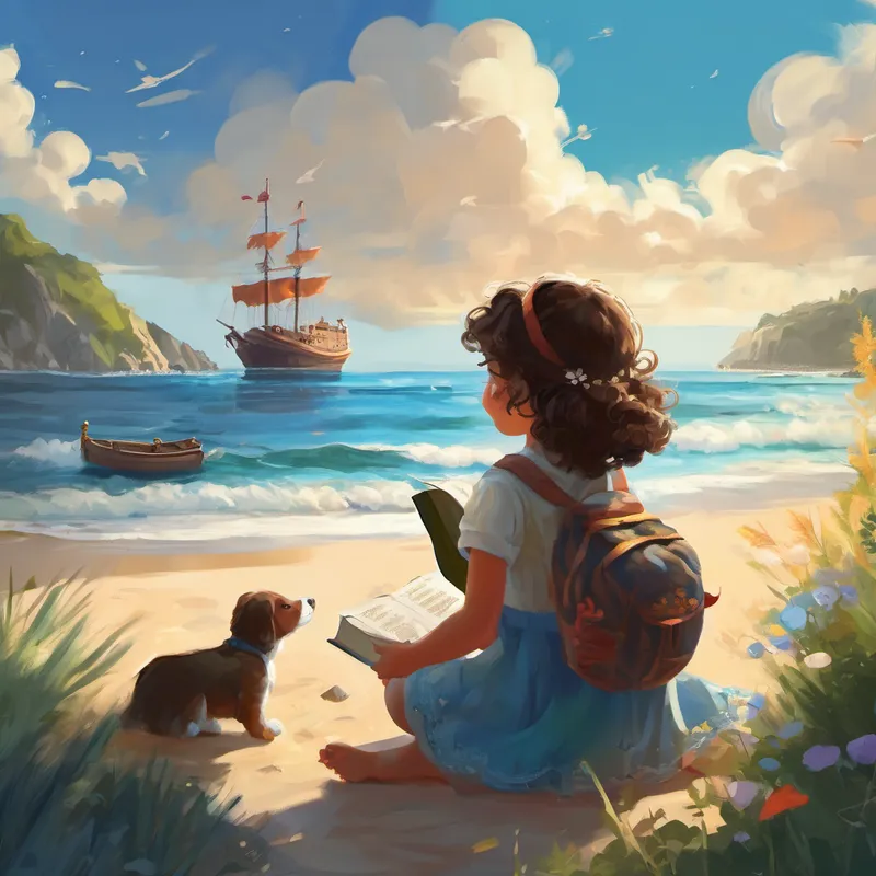 Bilge had a little sister named Gokce, who was two years old. Gokce had curly hair, just like the waves of the deep blue sea, and a giggle that could light up the sky. Though Gokce was too young to read, she loved listening to Bilge's stories and looking at the beautiful pictures in her books. One sunny morning, Bilge came up with an idea. "Gokce," she said with excitement, "let's have a magical adventure at the beach today!" Gokce clapped her hands happily, knowing that any adventure with her big sister would be so much fun.