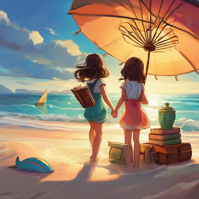 The two girls packed their sand pails, shovels, and a big, colorful beach umbrella. They walked hand in hand, feeling the warm sand under their feet, until they found the perfect spot on the shore. Bilge opened her magical book and began reading aloud. It was a story about a mermaid princess who lived in a hidden underwater palace. As she read, Bilge's imagination soared, and she imagined herself swimming alongside the mermaid princess.