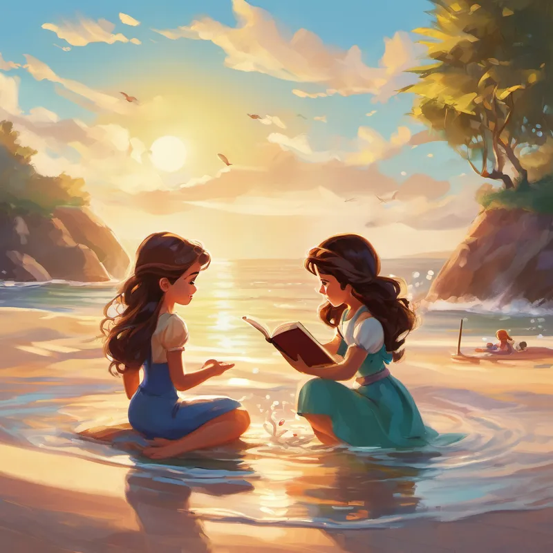 Gokce started giggling and splashing the water with her tiny hands, pretending to be a little mermaid too. The sisters laughed and played, building sandcastles, collecting seashells, and enjoying the gentle ocean breeze. As the sun began to set, Bilge closed her book and smiled at her little sister. "Gokce," she said, "we had an amazing adventure today, didn't we?" Gokce nodded, her eyes shining with joy. They packed their things, feeling grateful for the magical summer day they had spent together.