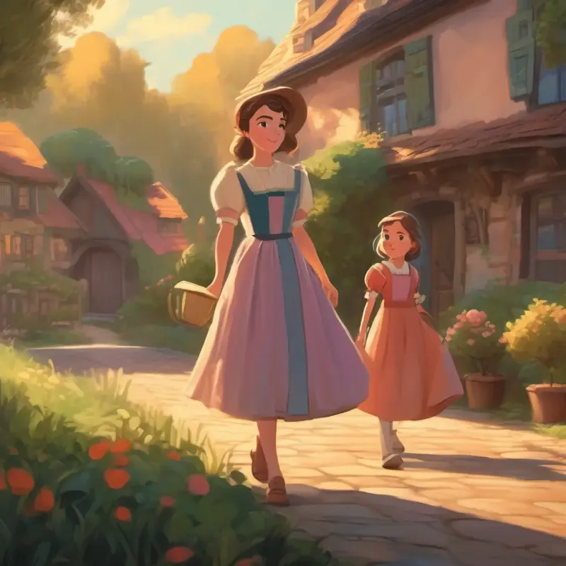 Stepsisters depart, leaving Young girl, kind eyes, fair skin, always wearing a humble dress with chores.