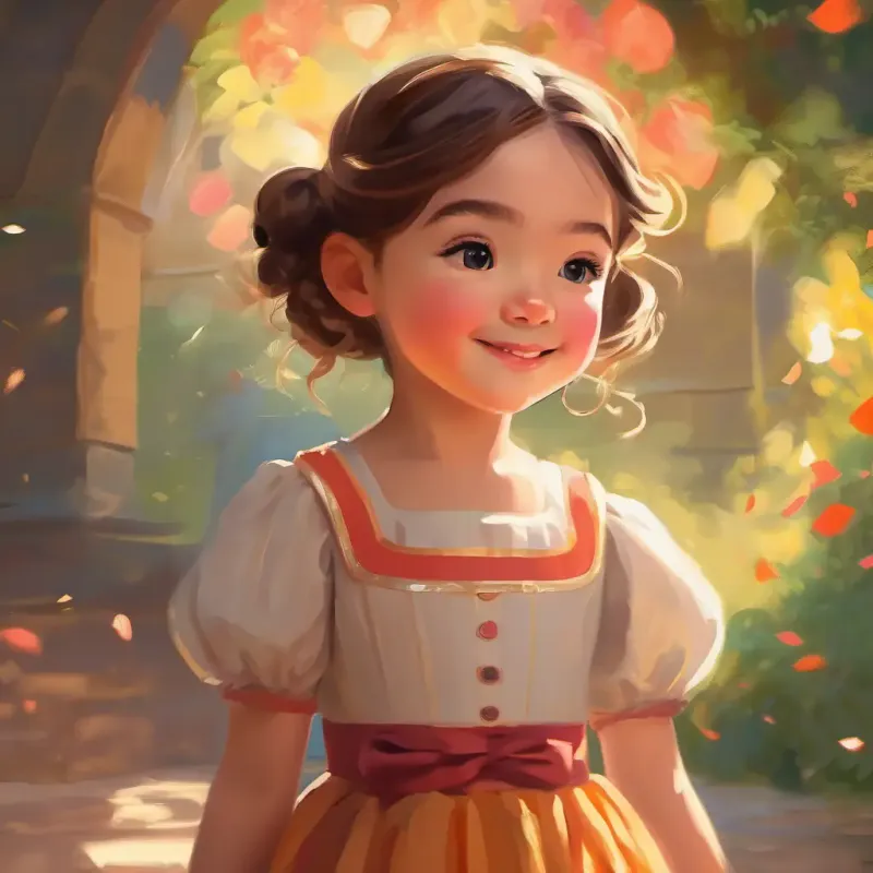 Young girl, kind eyes, fair skin, always wearing a humble dress enjoys the ball, dancing and being kind.