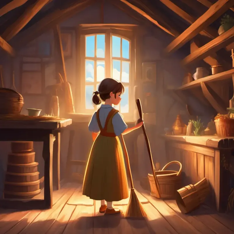 Young girl, kind eyes, fair skin, always wearing a humble dress discovers a broom in the attic.