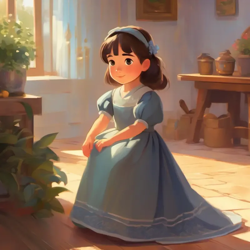 Young girl, kind eyes, fair skin, always wearing a humble dress makes her first wish for a self-cleaning house.
