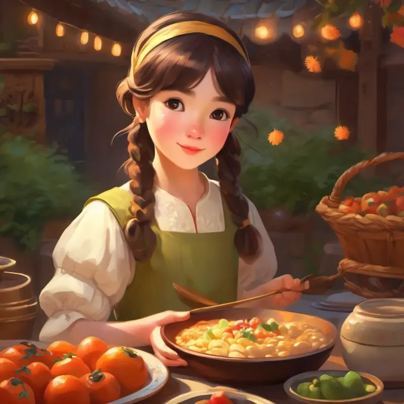 Young girl, kind eyes, fair skin, always wearing a humble dress uses the second wish to prepare a feast.
