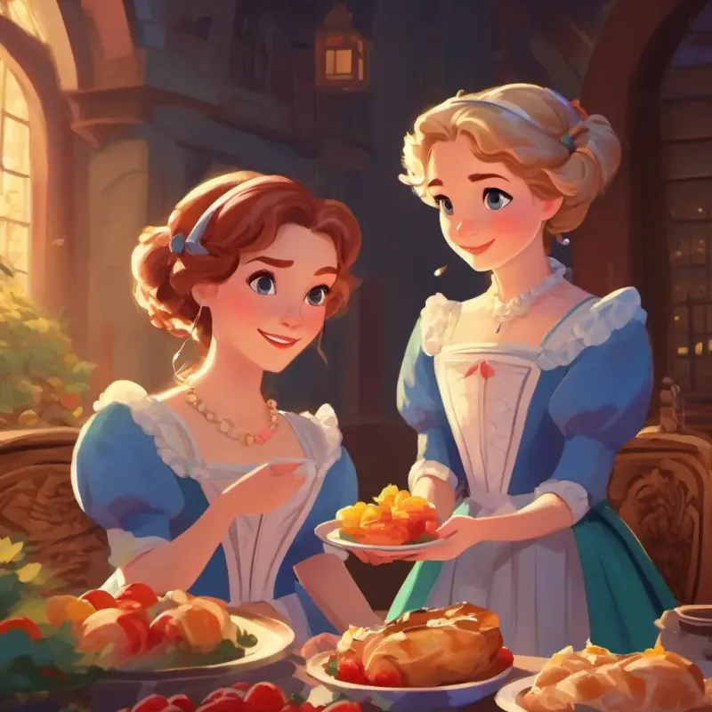 Stepsisters enjoy the feast but do not thank Young girl, kind eyes, fair skin, always wearing a humble dress.