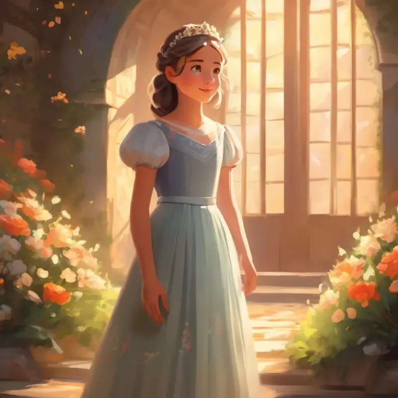 Young girl, kind eyes, fair skin, always wearing a humble dress's last wish transforms her for the ball.