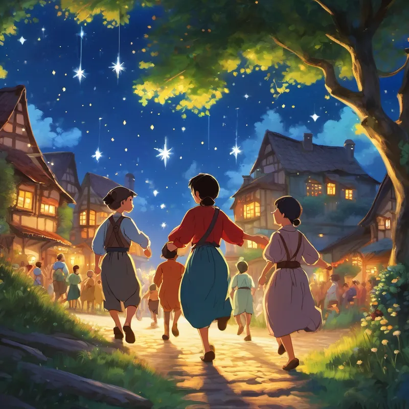 The villagers start to dance under the twinkling star-filled sky.