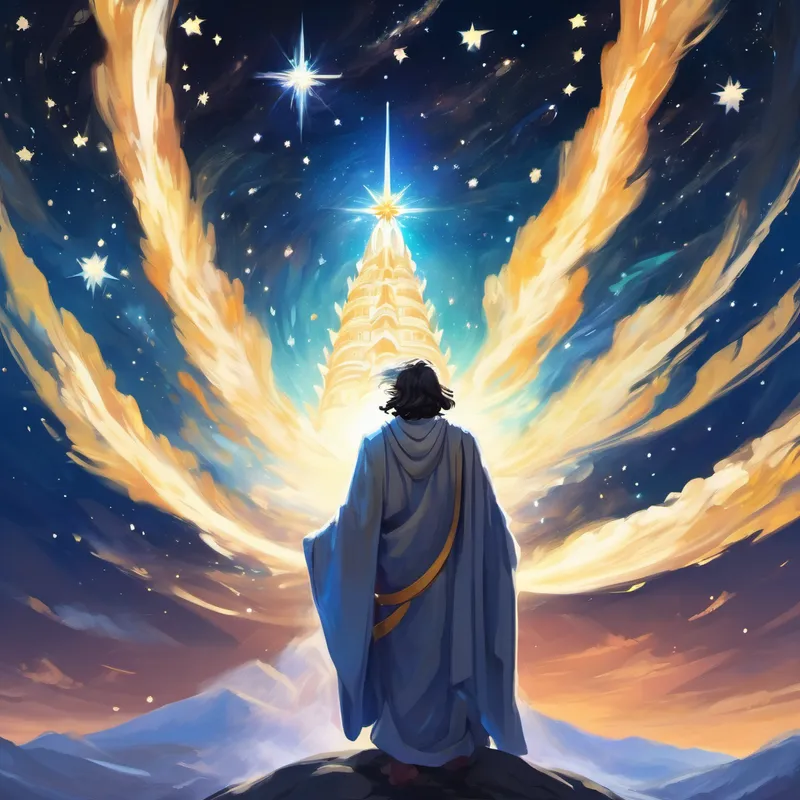 The stars shine brighter and A wise and powerful deity with a kind face and flowing robes blesses the people from the sky.