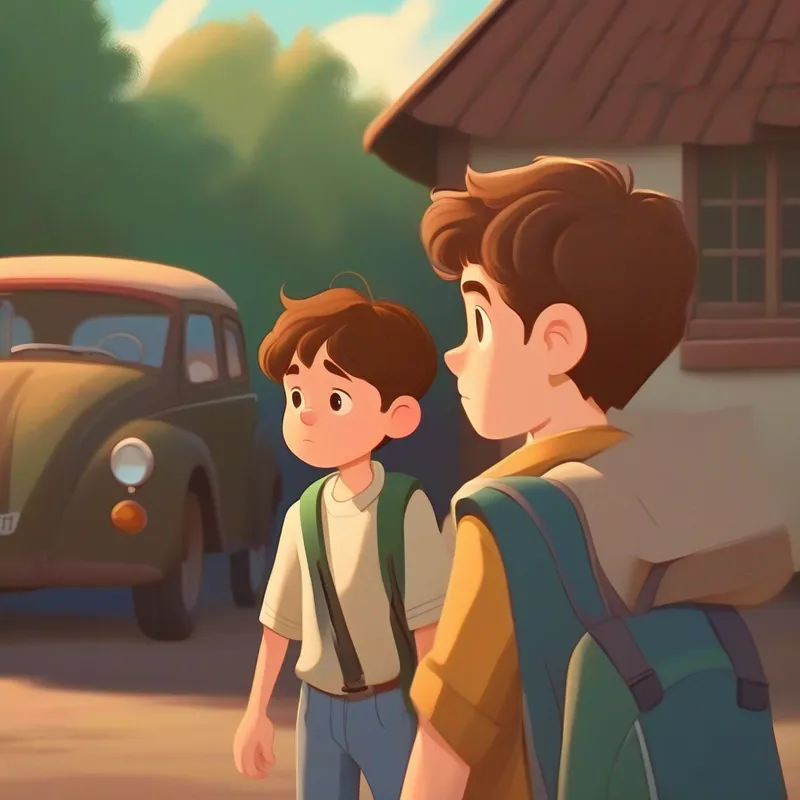 Brown-haired boy with a frown, wearing casual clothes. reluctantly follows his mum to the car.