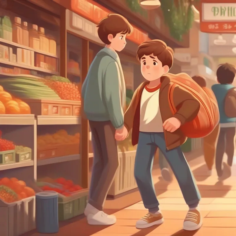 Brown-haired boy with a frown, wearing casual clothes. gets dragged around different stores by his mum.