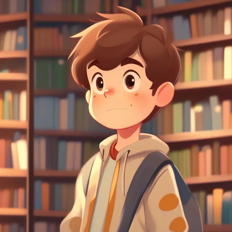 Brown-haired boy with a frown, wearing casual clothes. spots a bookstore and becomes excited.