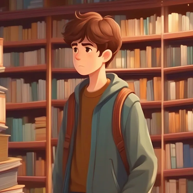 Brown-haired boy with a frown, wearing casual clothes. successfully sneaks away to the bookstore.
