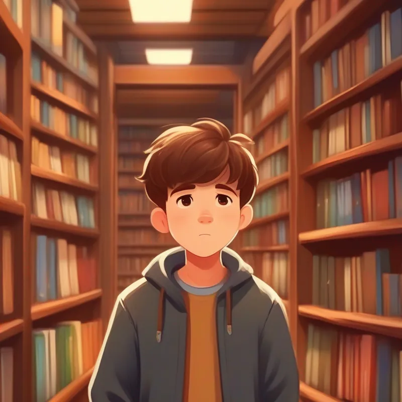Brown-haired boy with a frown, wearing casual clothes. enjoys his time in the bookstore.